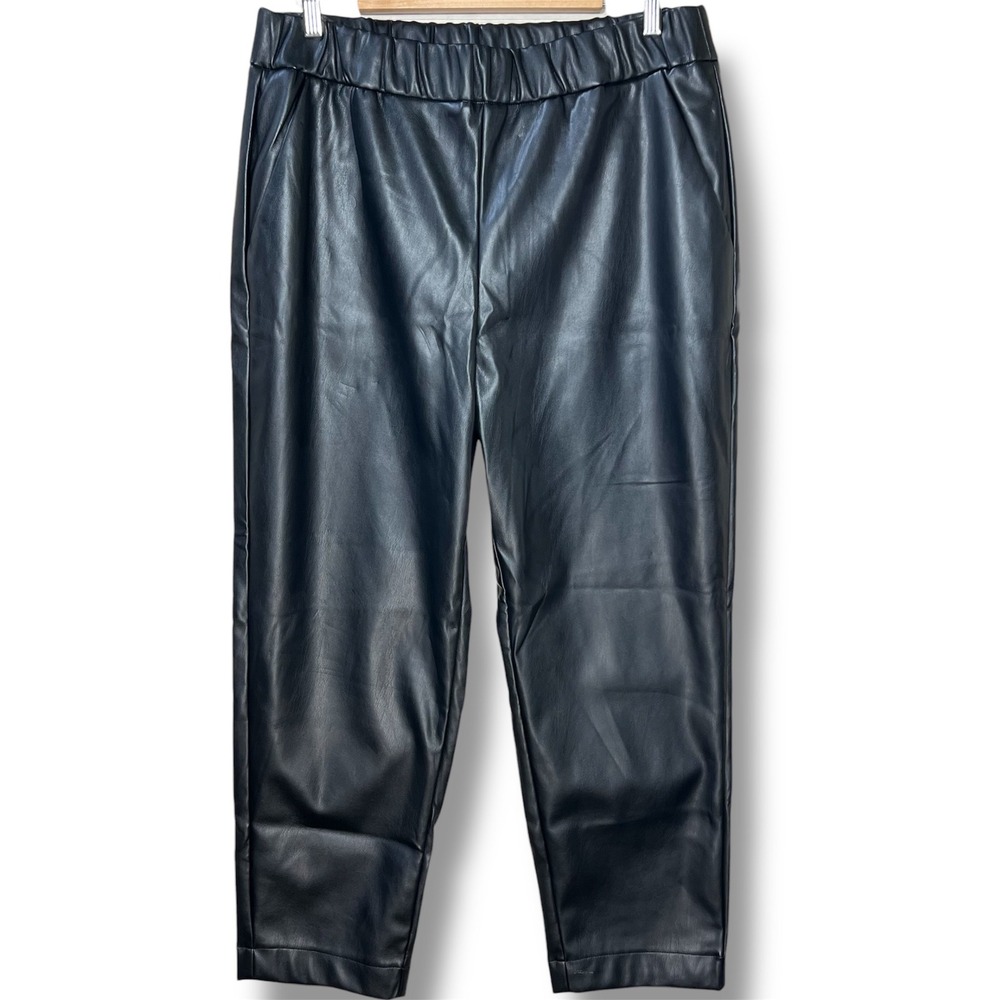 A New Day Women's Black Vegan Faux Leather‎ Tapered Pants Elastic Waist Size L